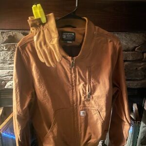 Carhartt Men's Brown Bomber Jacket with Work Gloves